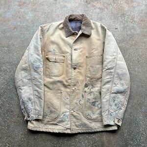 Vintage Carhartt Chore Coat Blanket Lined Distressed Paint Splatter Tan Mens XL